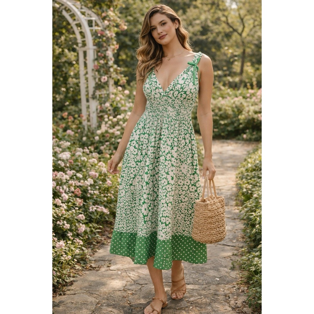 OC Green White Floral Midi Dress Sz 4 Smock Waist V Neck Sleeveless‎ cottagecore